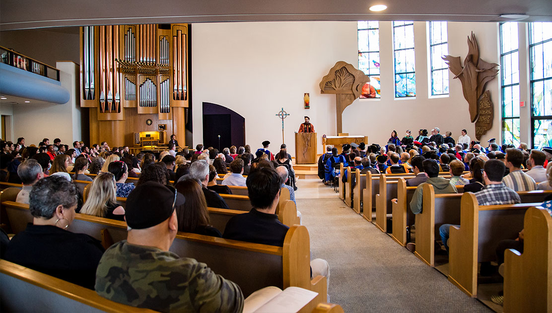 Photo of interior of Samuelson Chapel during chapel service