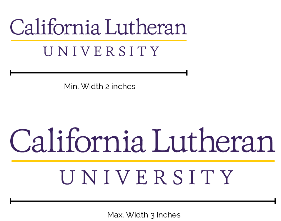 California Lutheran University logos. Primary minimum width 2 inches, maximum 3 inches.