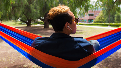 Student lounging in hammock